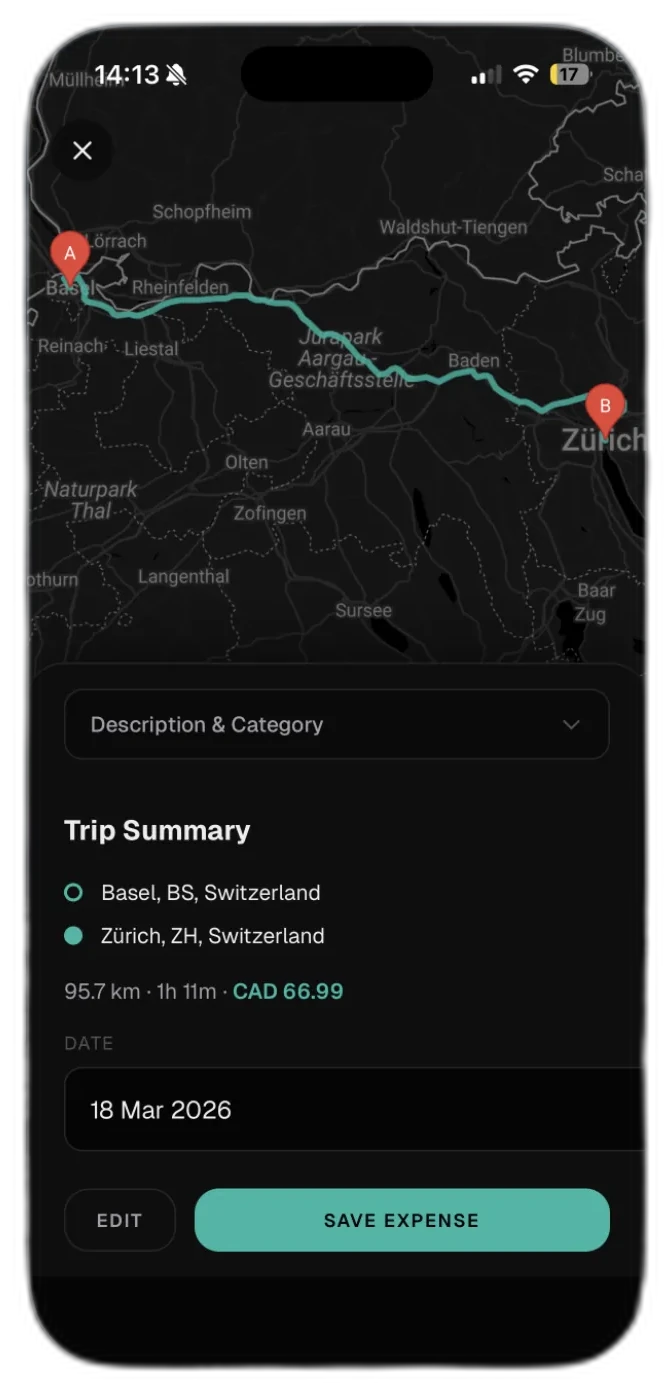 Expense Lens on iPhone: a mileage trip from Basel to Zurich saved as an expense
